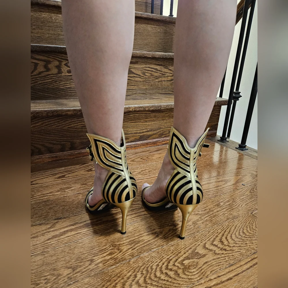 StellaLuna Gold Wings Leather Double Buckle Strap Heel Sandals - Picture 10 of 16